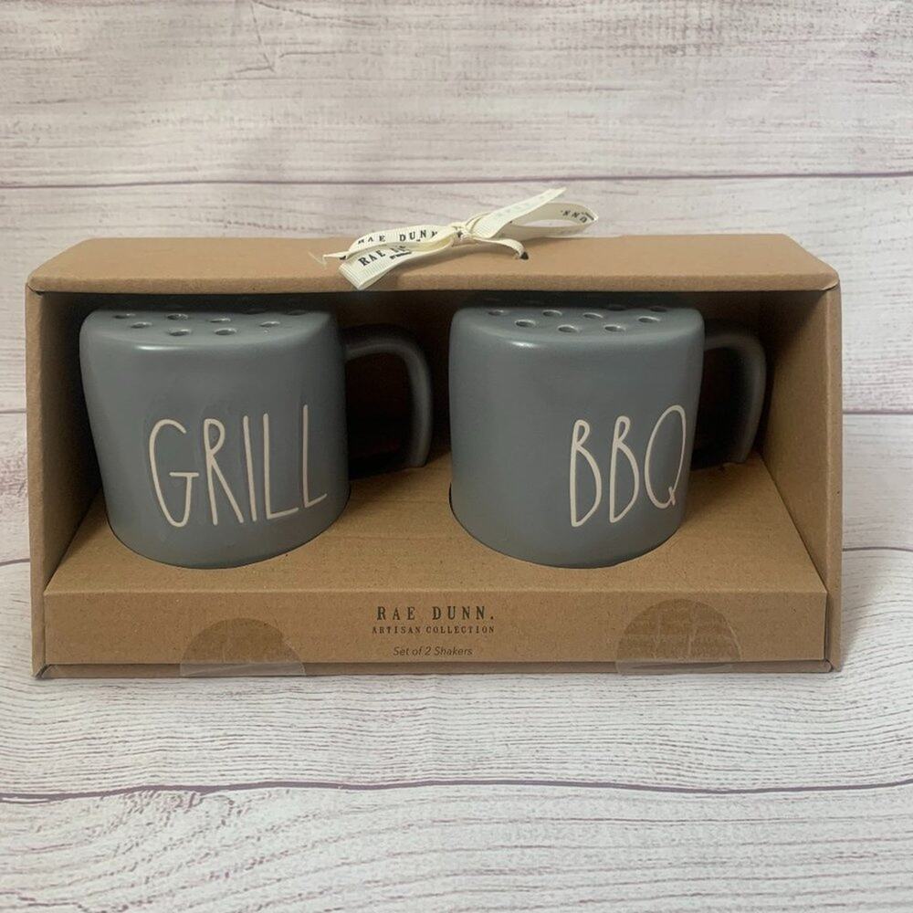 Rae Dunn Gray BBQ and GRILL Shaker Set Barbeque Salt Pepper Seasoning 4"H